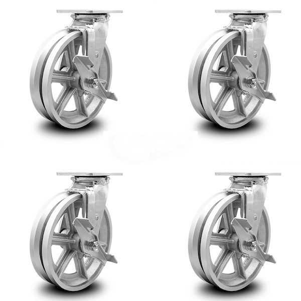 8 Inch V Groove Semi Steel Swivel Caster Set with Ball Bearings and Brakes SCC